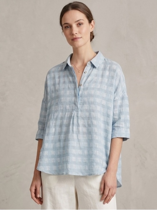 Poetry Tops - Poetry Light Blue Plaid Linen Cotton Blend Texured Jacquard Minimalist Blouse 8